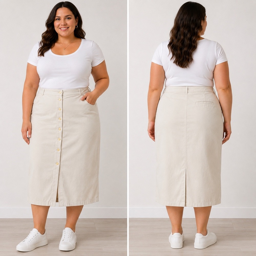 Gloria Vanderbilt Khaki Button Front Midi Skirt Size 14 Modest Contemporary